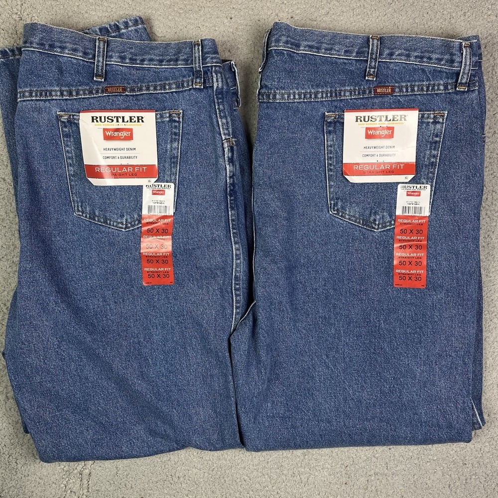 2 Pair Lot Wrangler Rustlers 1087619SW Men's Jeans Blue Denim Color Size 50x30
